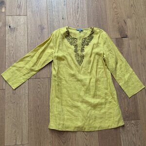 Women's Anne Klein V-Neck Linen 3/4 Sleeve Tunic Top Mustard Sequin Size S